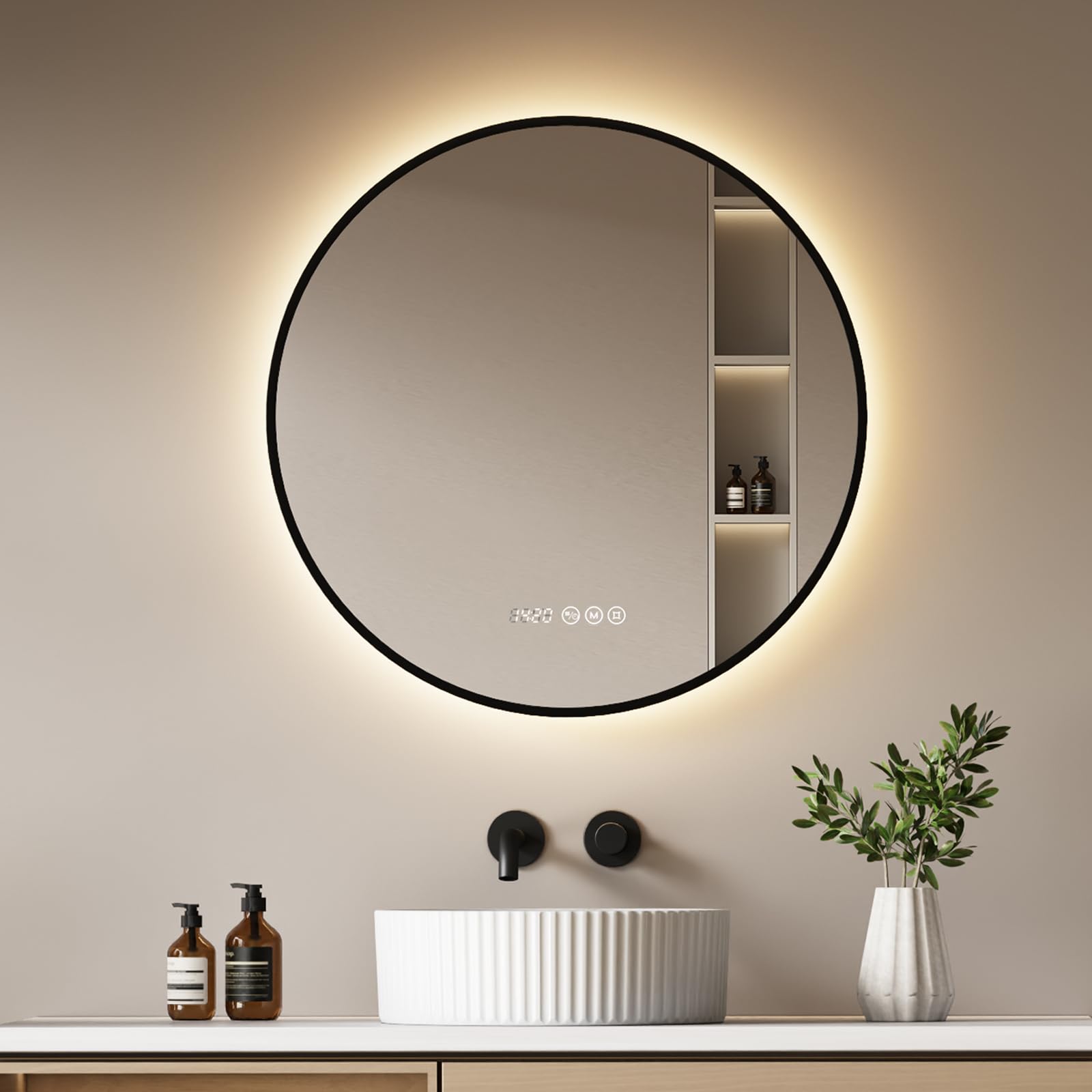 EMKE Badspiegel mit Beleuchtung Rund 70 cm, Anti-Beschlag, 3 Lichtfarben & Dimmfunktion, Uhr, Touch & Memory-Funktion, LED Badezimmerspiegel mit schwarzem Rahmen