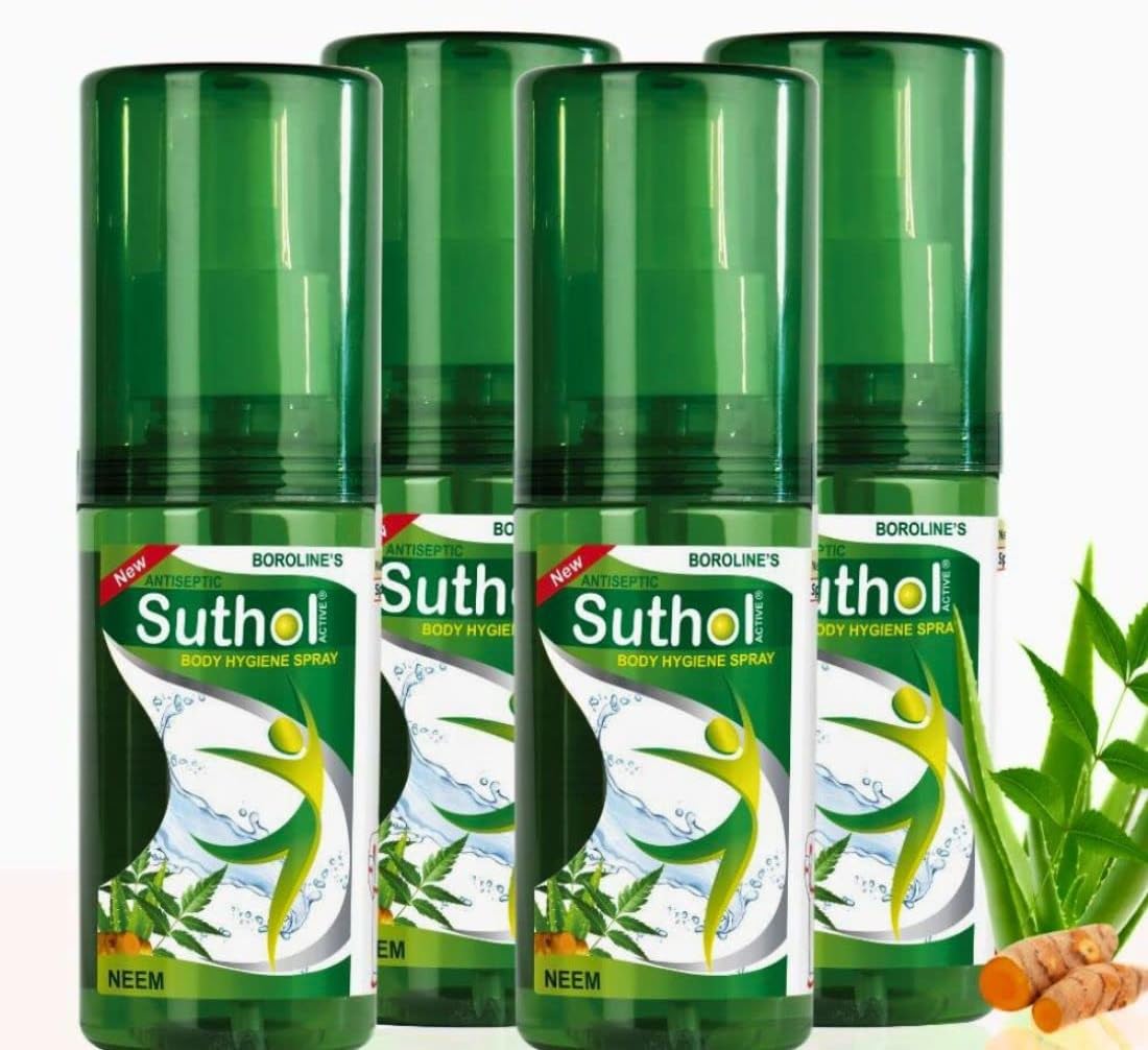 Suthol BOROLINE's Active Neem Spray 100 Ml X 4 | Stops Skin Irritations, Prickly Heat Itching, Rashes | With Neem, Tumeric & Aloe Vera | Antiseptic Body Hygiene Spray (Pack Of 4)