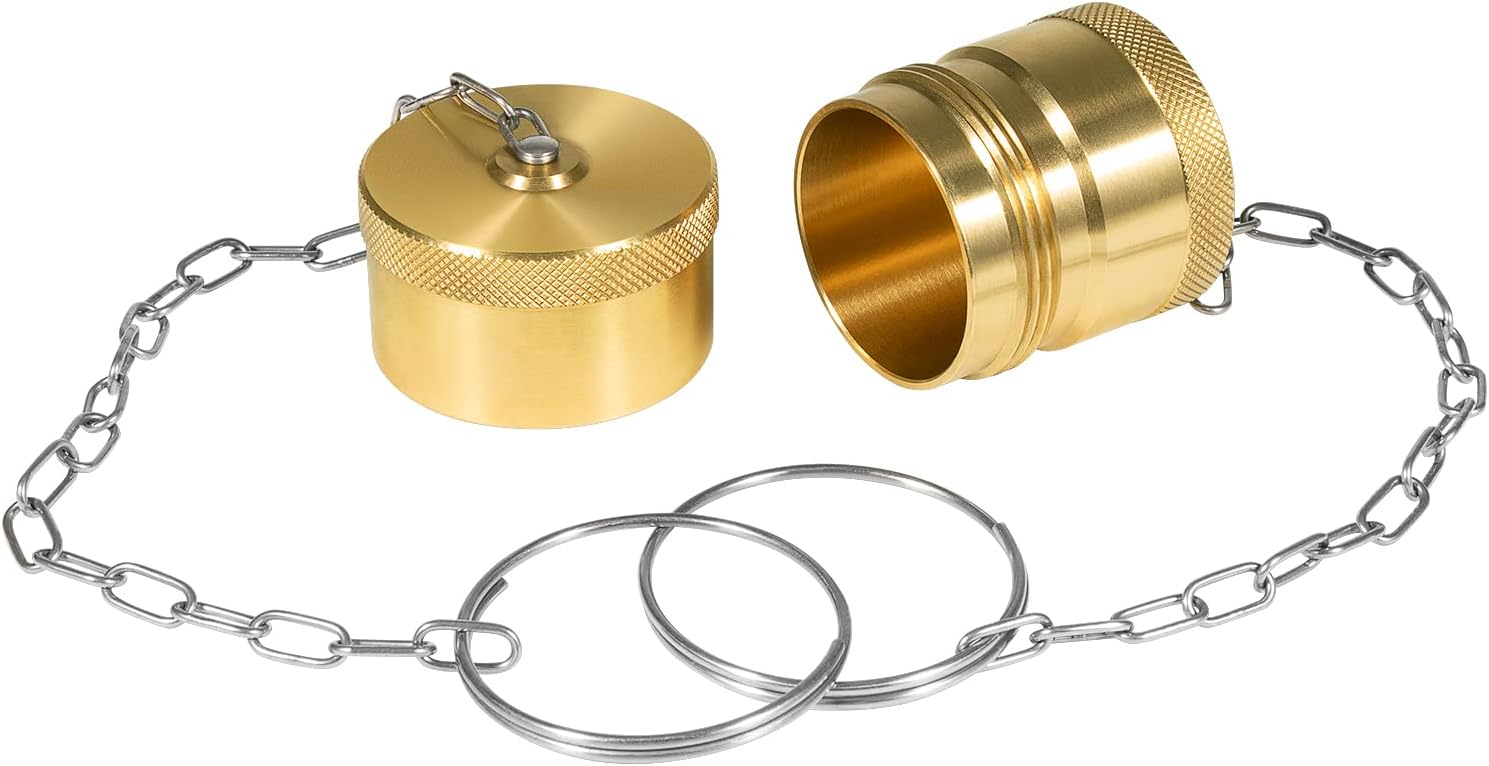 Male & Female Dust Cap and Plug Set Fit for 1” Body Size Wet Line Wing Style Coupler, Brass Dust Cap with Steel Chain, 1 Pack