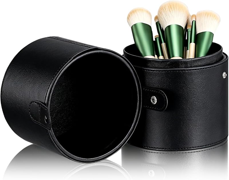 Porta-pincéis de maquiagem Ipetboom com tampa em couro PU preto, 20,07 x 20,07 x 20,07 cm, 1 unidade