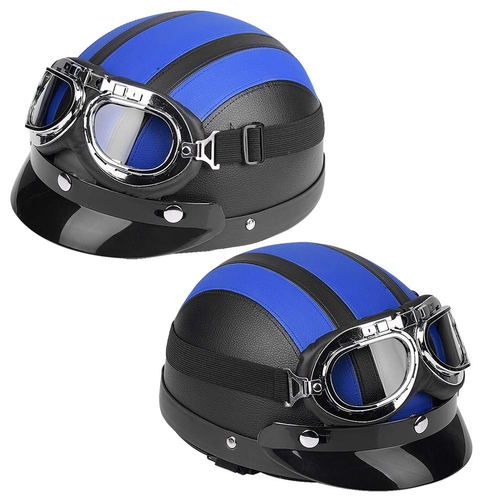 Zerone Kask Motocyklowy Otwarty, Półkask ze Sztucznej Skóry, z Wizjerem i Goglami, Niebieski, Uniwersalny