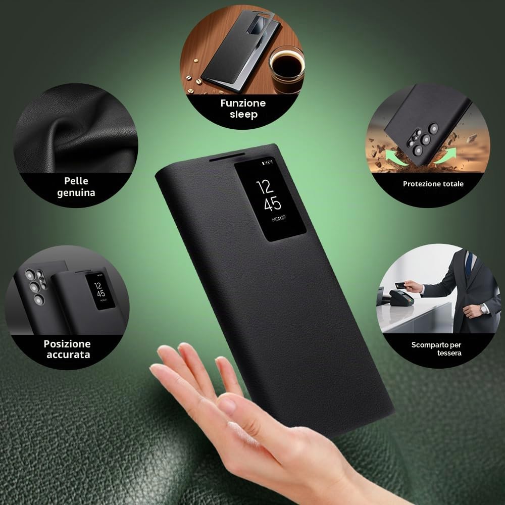 Smart S23 Ultra Custodia in vera pelle per Samsung Galaxy S23 Ultra Light Phone Cover con Luxury Business Smart View Case per S23 Ultra (solo per S23 Ultra Nero)