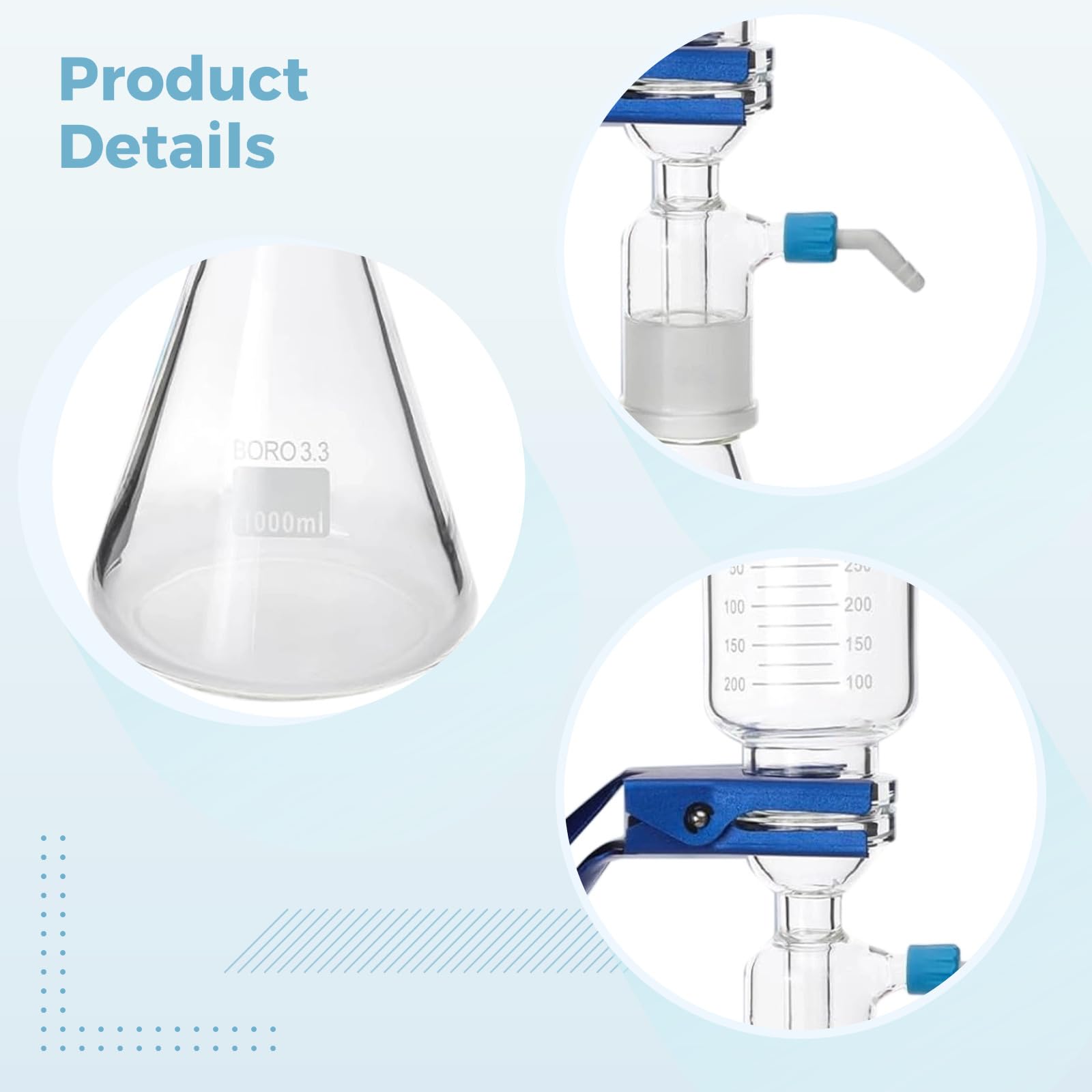 Kit di distillazione con imbuto in vetro, dispositivo di filtraggio solvente da 1000 ml, pompa di filtrazione a vuoto Buchner con coperchio antipolvere