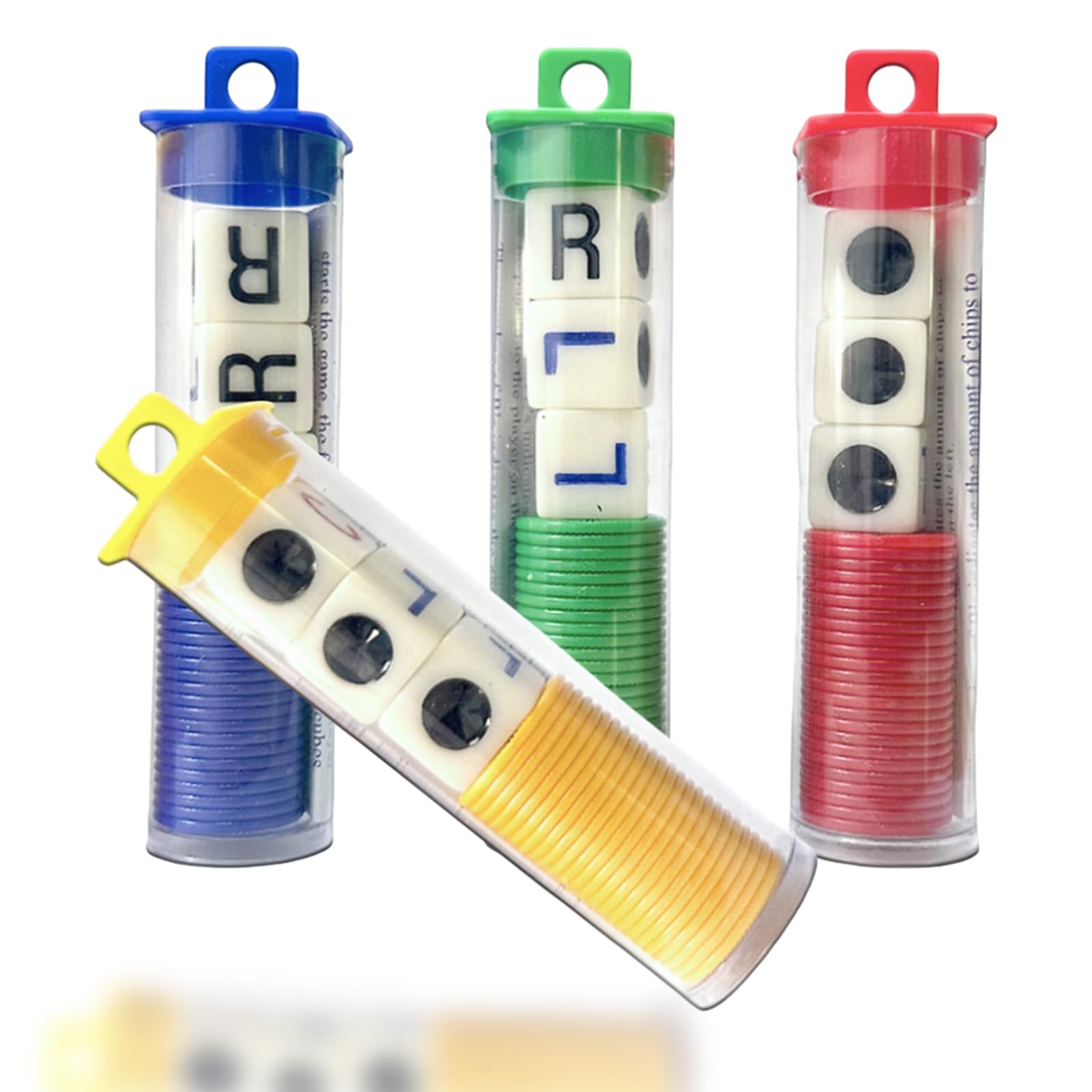 4 Tubes Left Right Centre Dice Games,Fun Dice Games with 12 Dices + 96 Chips for Family Camping Game,4 Color Interactive Dice Toy Round Corner Dice Portable Strike Dice Game for School Party Game Dice