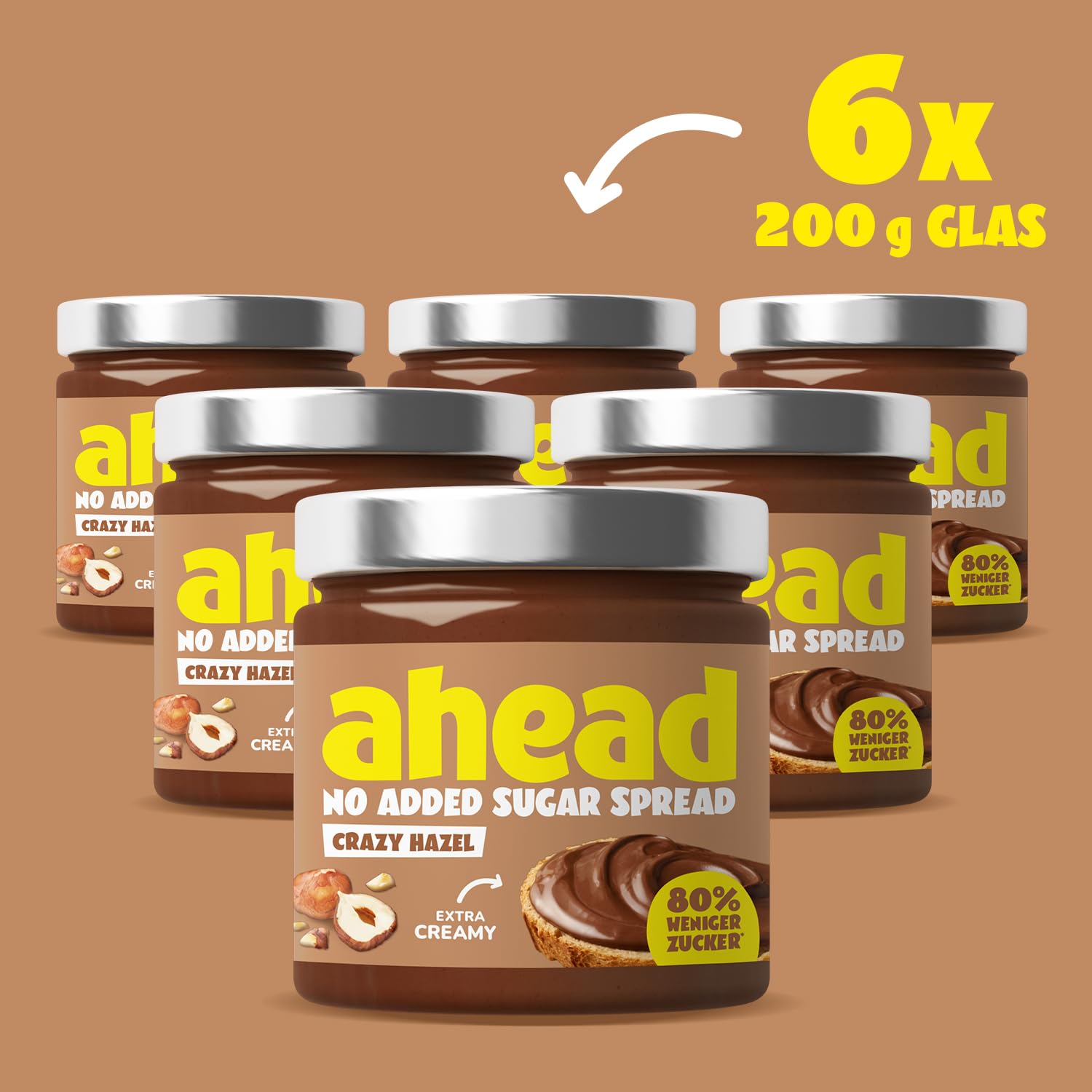 ahead CRAZY HAZEL | 6 x 200g Haselnusscreme ohne Zuckerzusatz | Super leckerer Schokoaufstrich mit 80% weniger Zucker* | Ohne Palmöl, glutenfrei & vegetarisch | Zuckerarmer Brotaufstrich Schokocreme