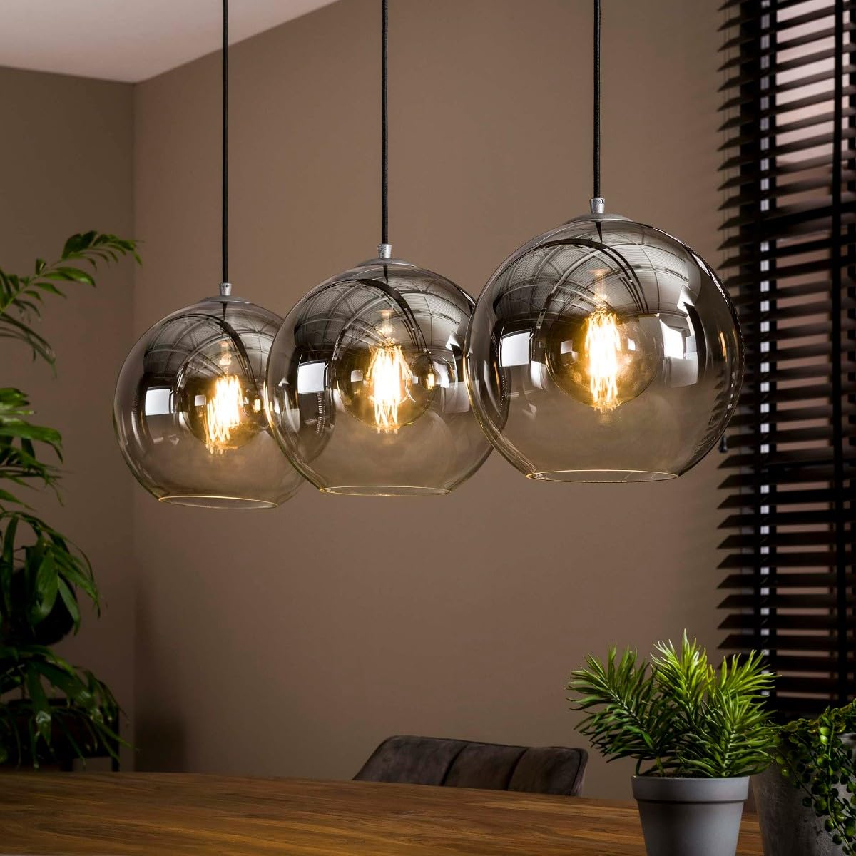 Pendelleuchte Boise, 3-flammige Hängelampe Rauchglas, Esszimmer | Industrial, Küche, Wohnzimmer, 3 x Ø29 cm, exkl. E27-Leuchtmittel, 115 cm Länge, höhenverstellbar bis 150 cm, Farbverlauf