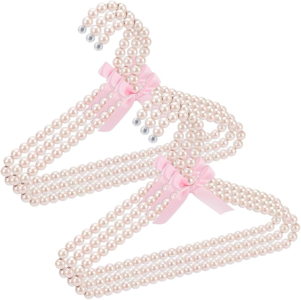 AHANDMAKER 6 Pack Pearl Beaded Clothes Hangers Mini Pearl Beads Small Size Metal Clothes Hangers with Ribbon Bow for Pet Closet Clothing Bedroom Dog Room Organization,White 8X 11.6in