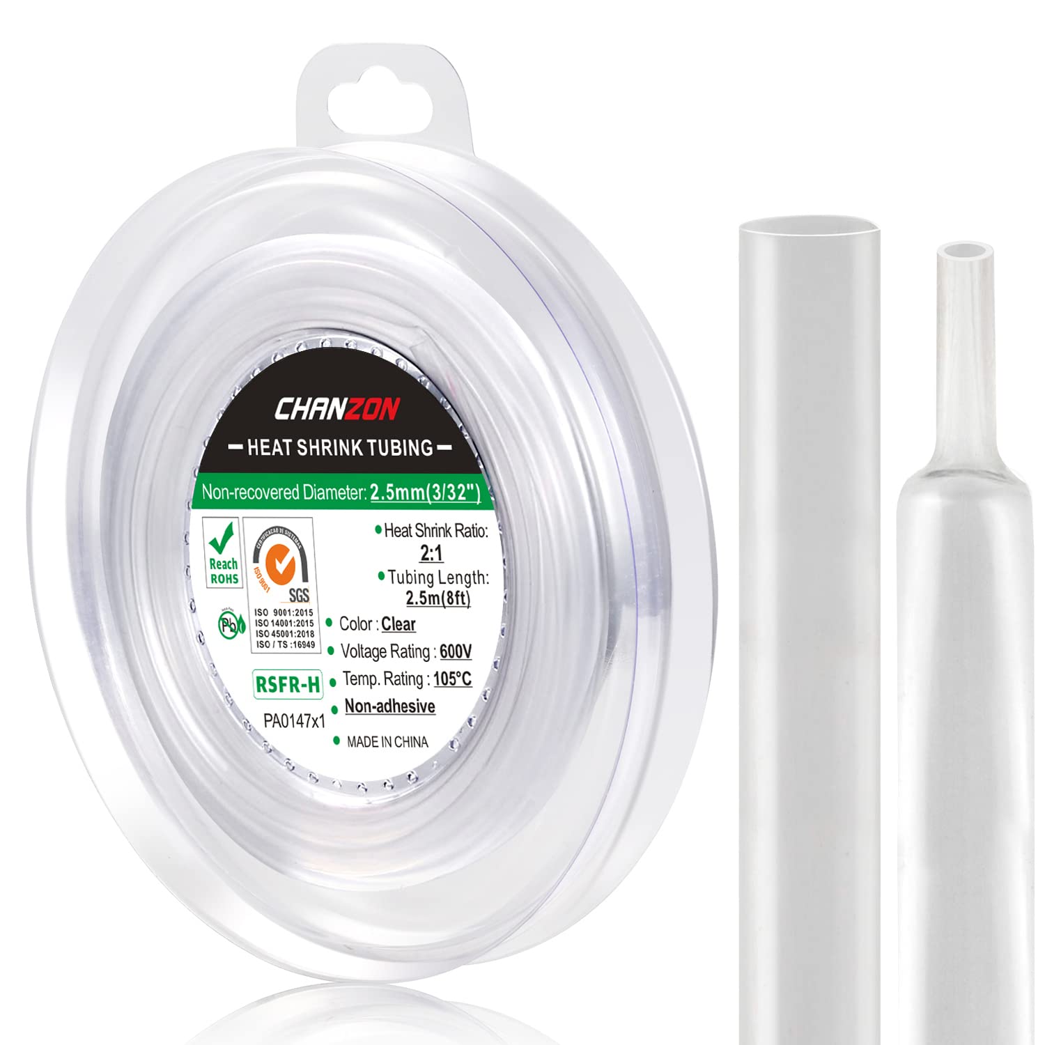Chanzon 2:1 Ratio 3/32" (2.5mm) Heat Shrink Tubing 8Ft Roll (2.5M Total Length) Clear/Transparent Polyolefin Sleeving Wrap Shrinking 2 to 1 1pcs