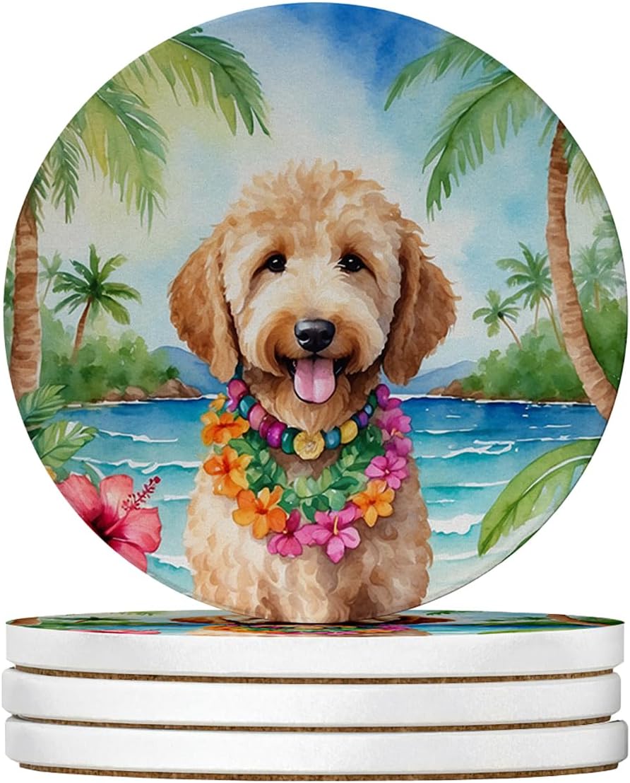 Caroline's Treasures Goldendoodle Luau Large Sandstone Coasters Pack of 4 Absorbent Round Coasters Decor Gifts for Men or Women, 4 in, Multicolor
