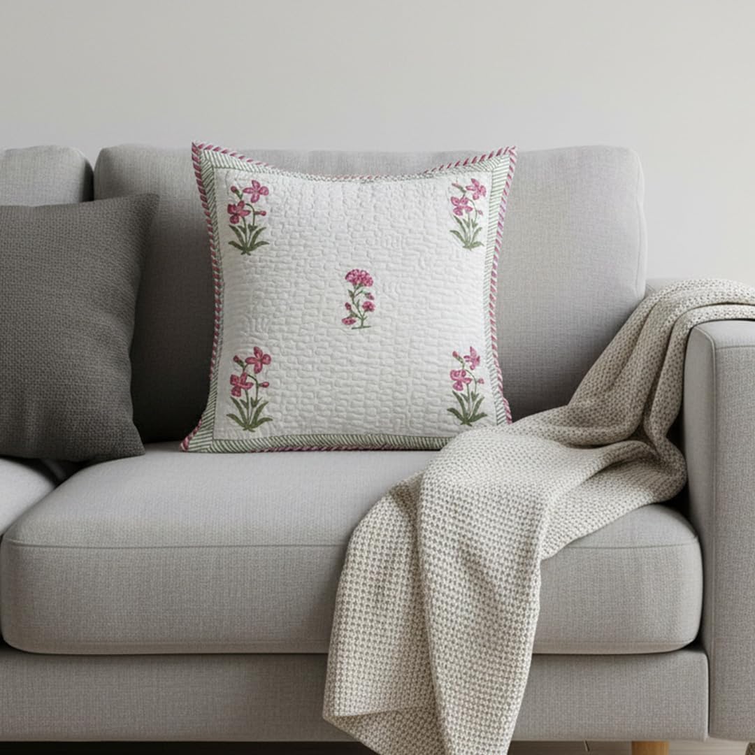 HOMEMONDE Pack Of 1 Floral Hand Block Print Soft Throw Cushion Cover - Pink 24 X 24 Inches Quilted Cotton 300 TC Sofa Pillow Case For Home Decor