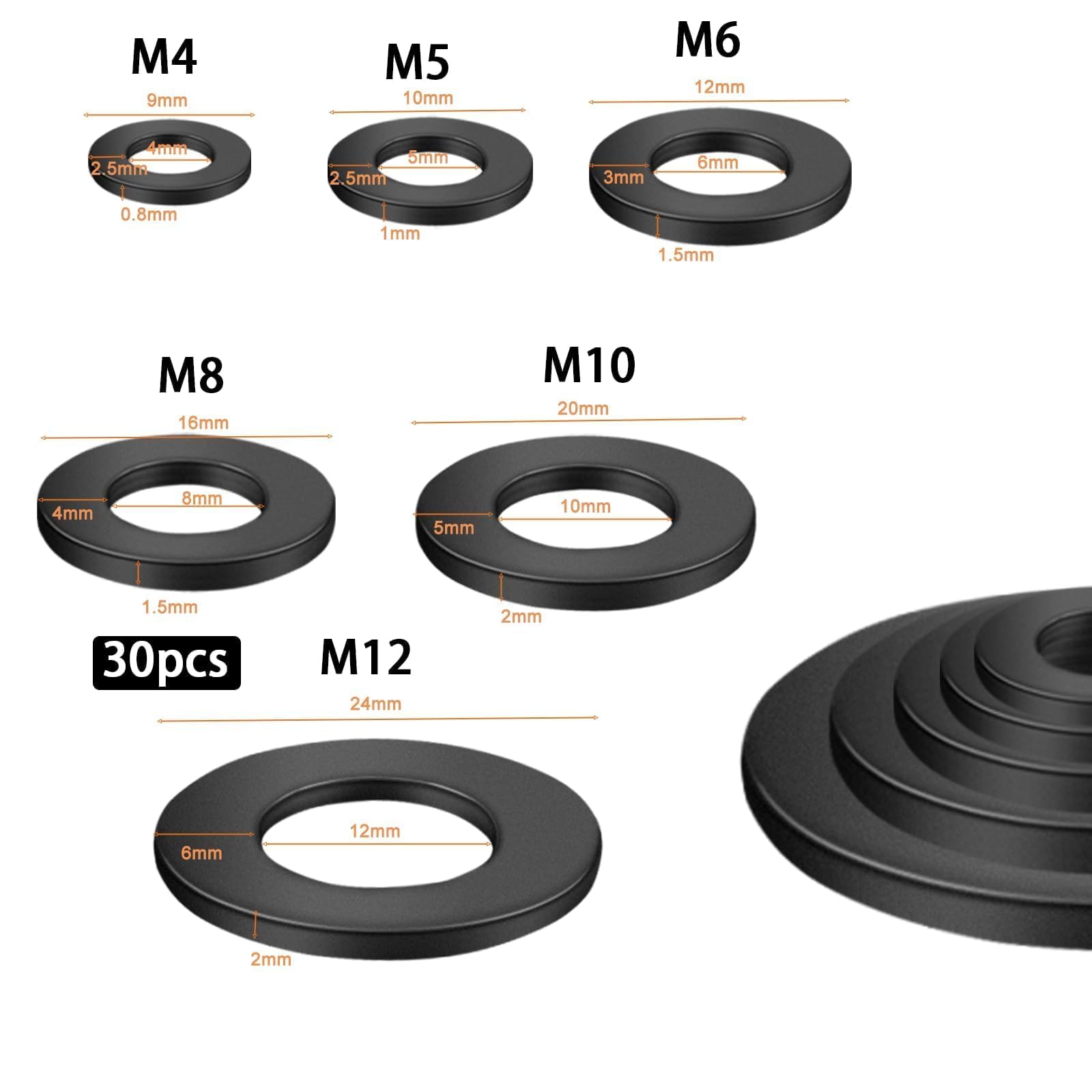 KGGZKG 30 Pcs M8 x 16mm Black Flat Washers 304 Stainless Steel A2 V2A Penny Washers M8 Metal Round Repair Spacer Washer for Screws Bolts and Nuts - Image 2