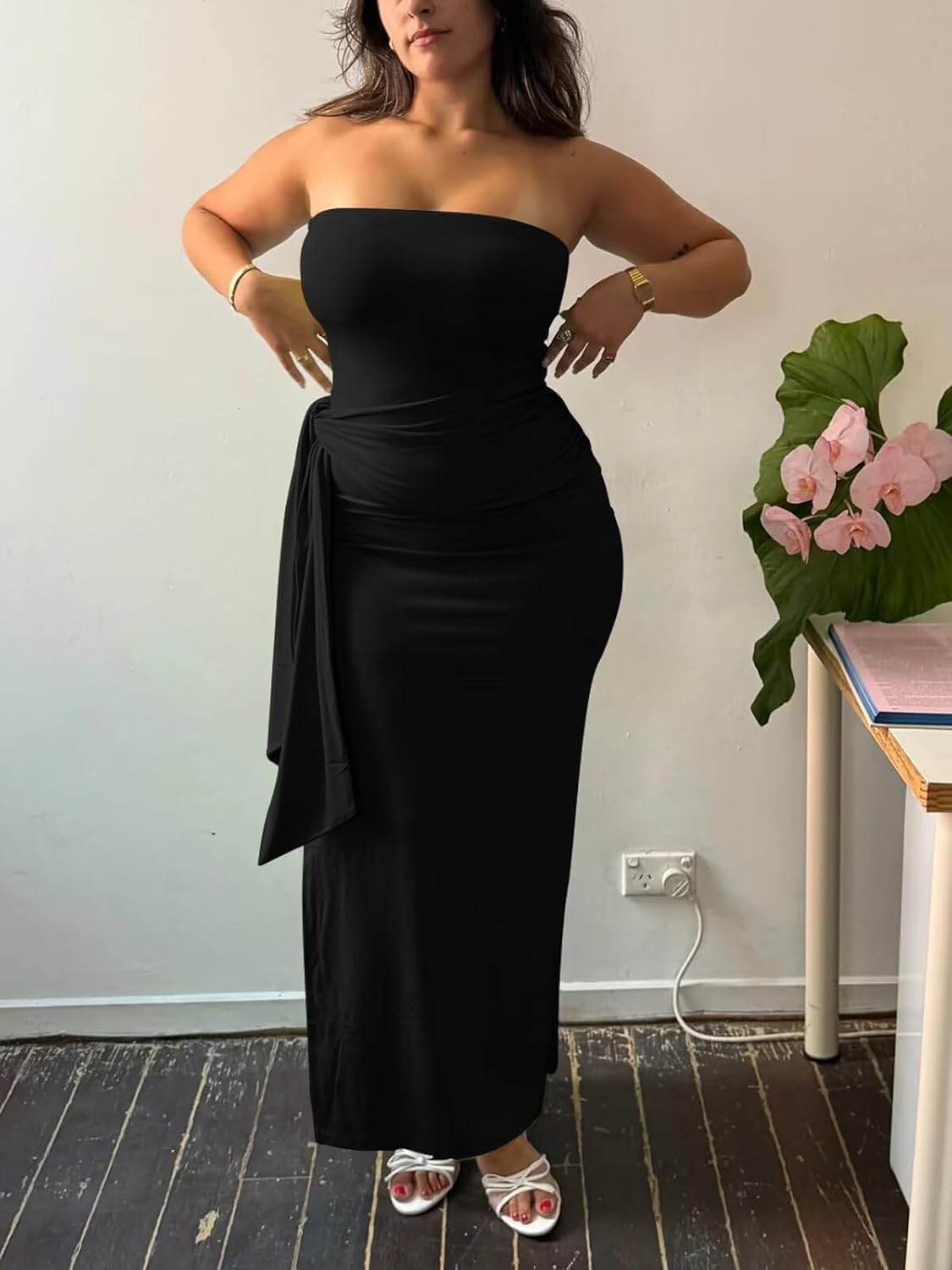 Womens Strapless Bodycon Maxi Tube Dress Side Slit Lace Up Y2k Long Dress - Image 3