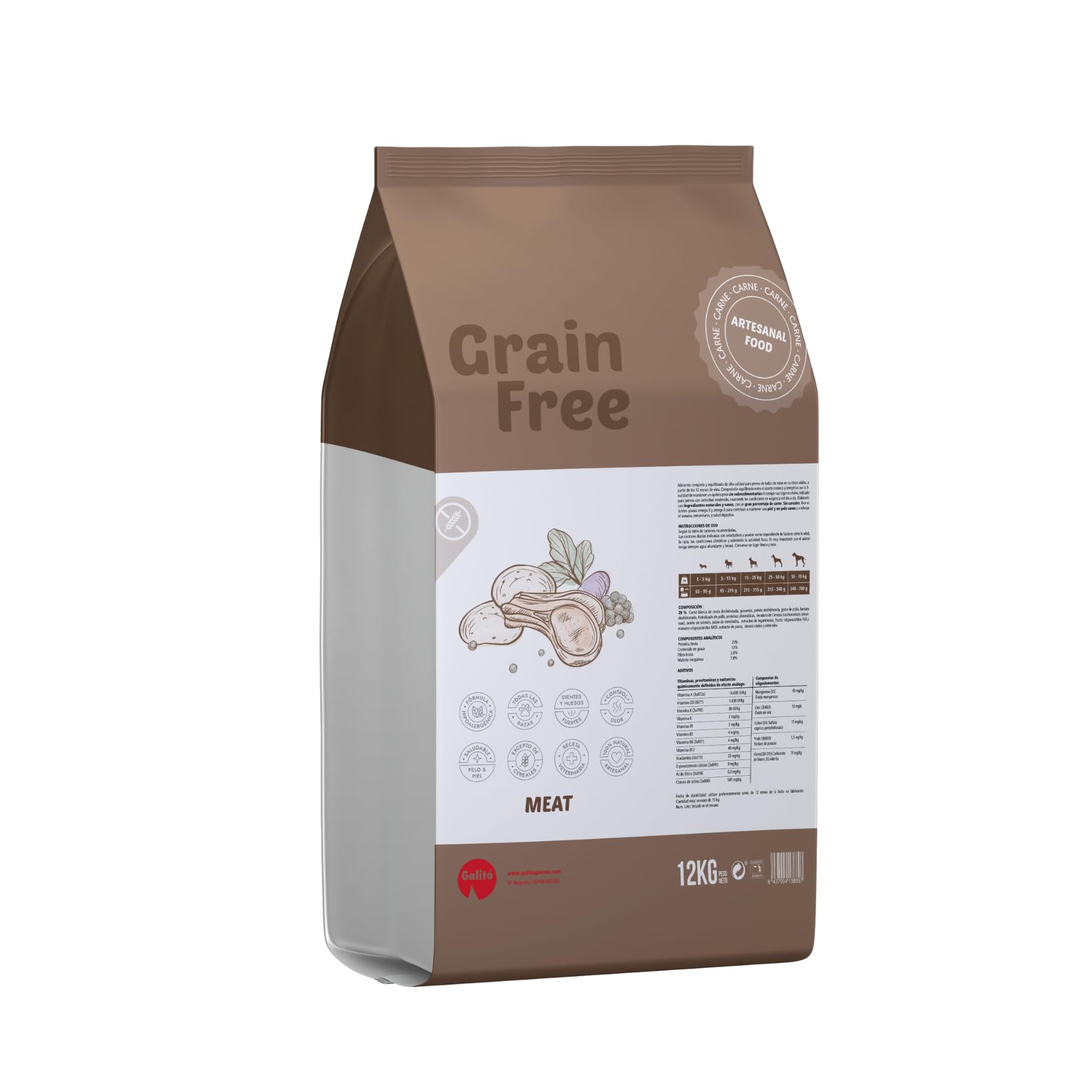 Pienso para Perros Sin Cereales Carne Blanca 12 kg – Natural Grain Free Meat – Hipoalergénico, Natural y Rico en Proteínas para Alimentación Sana, Sabrosa y Equilibrada