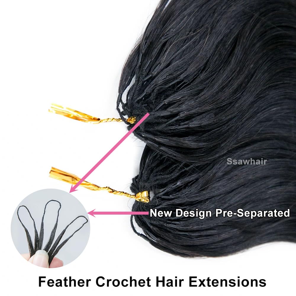 Body Wave Crochet Human Hair Knotless Pre-Separated Braid Virgin Human Hair With String Pre-Looped Reusable Feather Crochet Hair Extensions 16Inch 60g 50Strands