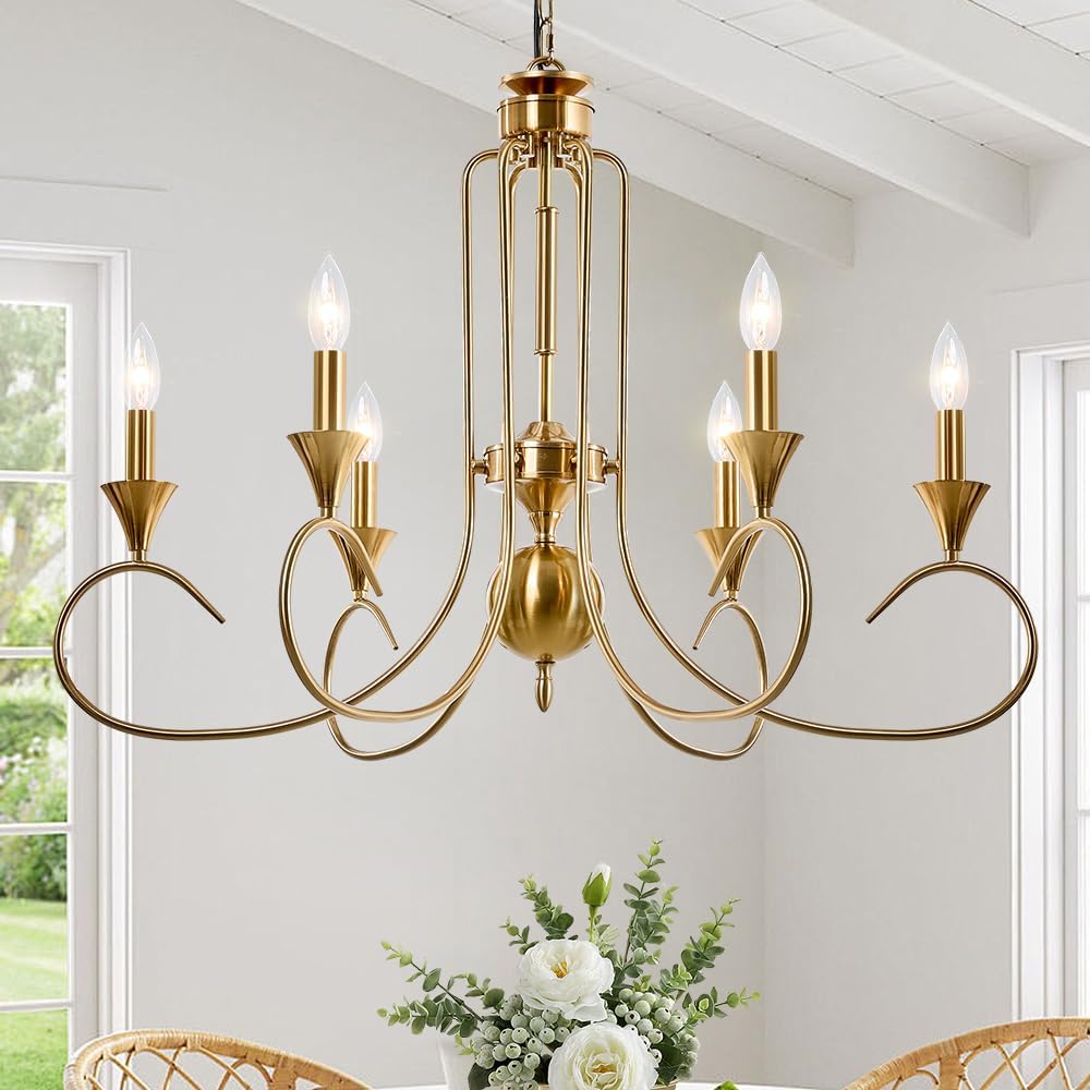 Gold Candle Chandelier 6-Light Modern Farmhouse Industrial Hanging Light Rustic Pedant Lighting Fixture for Dining Room, Kitchen, Foyer, Entryway, Living Room