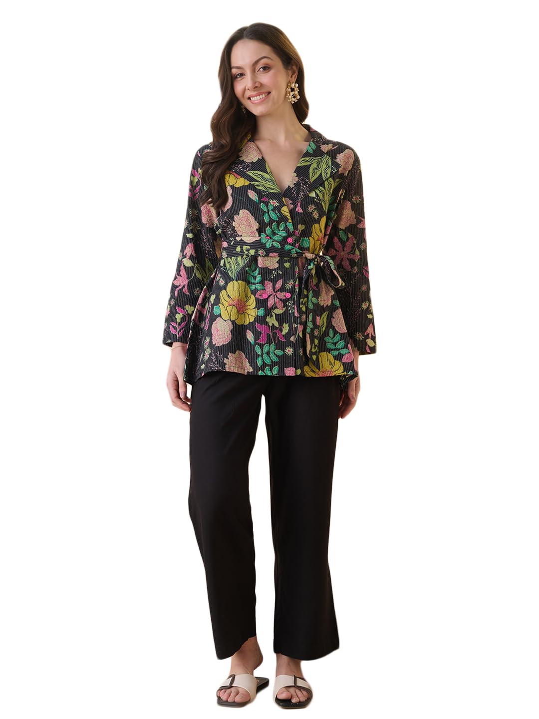 Women's Floral Printed Katha Cotton Co-ord Set (CSBLACKGUM_Black)