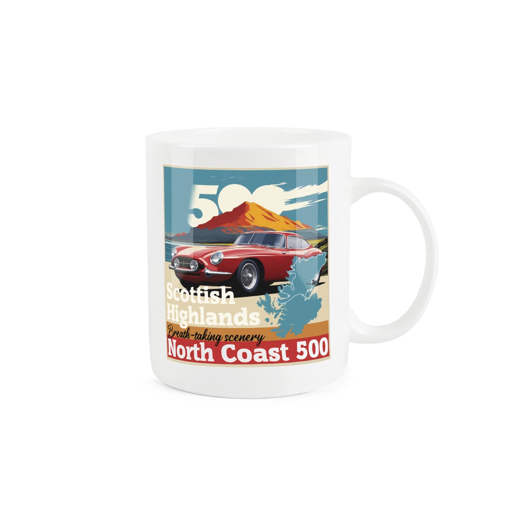 Purely Home NC500 Mug - Scottish Highlands North Coast 500 Retro Poster Style Race Car Gift/Present Cup - Tea/Coffee White Bone China Mug for Car Lovers