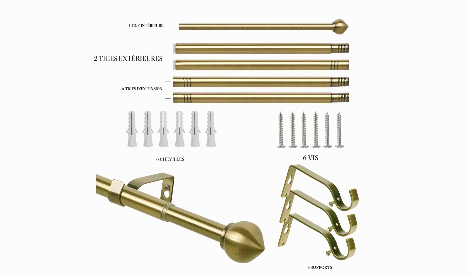 Tringle à rideaux extensible en laiton antique de 76 à 310 cm, tringle à rideaux réglable de 76,2 cm à 309,9 cm, embouts en boule, 3 supports de fixation, matériel pour salon, chambre à coucher, porte