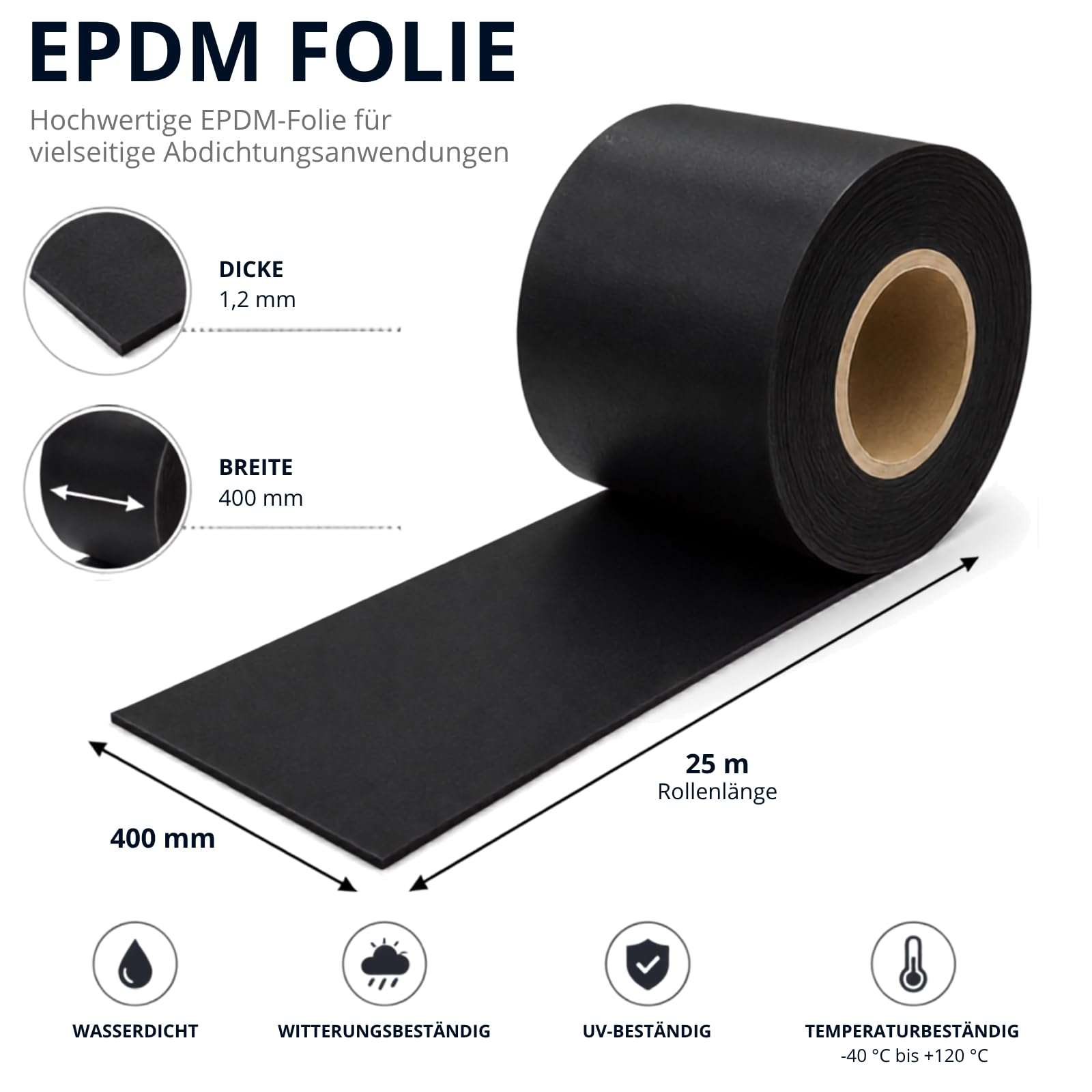 EPDM24 - Lámina de goma para estanque, impermeable, mampostería, 25 m, rollo (sin tiras de pegamento butilo, 400 mm x 1,2 mm)