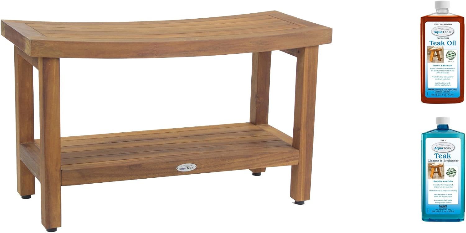 AquaTeak Patented 36 Sumba Teak Shower Bench with Shelf & AquaTeak Two-Step Care Kit