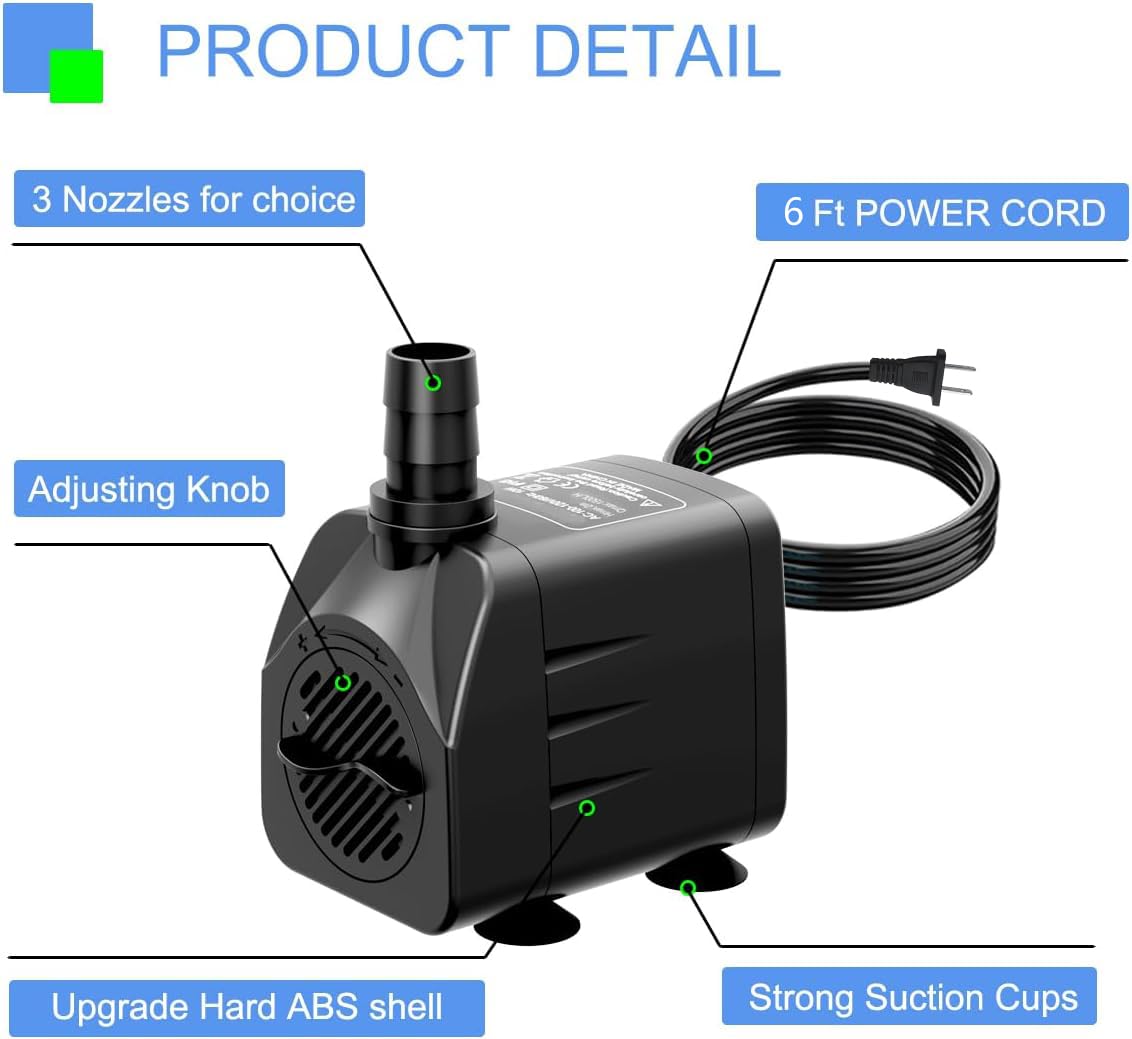Bomba de fuente 400GPH Bomba de agua sumergible ultra silenciosa para fuente, estanque, acuario, hidropónica con cable de alimentación de 10 pies