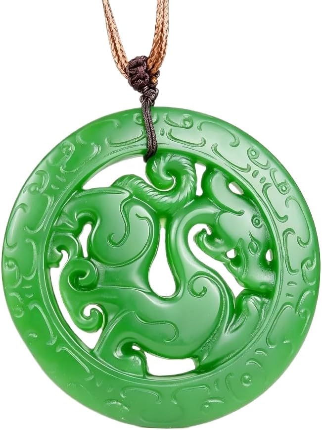Hollow Carved Dragon Pendant - Coin Shaped Talisman - Natural Green Jade