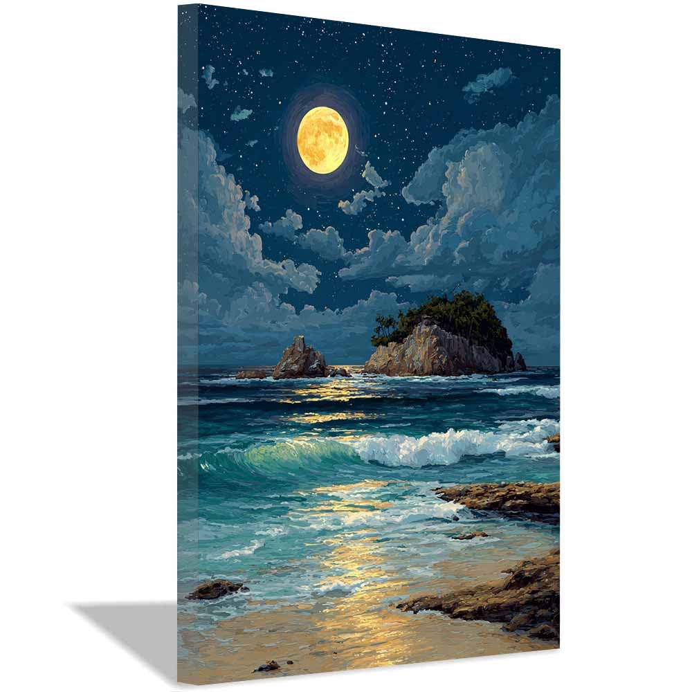 HOQIU Vintage wall art Moonlit Tropical Beaches decorative painting, wall art, for Living Room Bathroom Bedroom Kitchen Decoration.(Multicolor)-30x40cm Framed