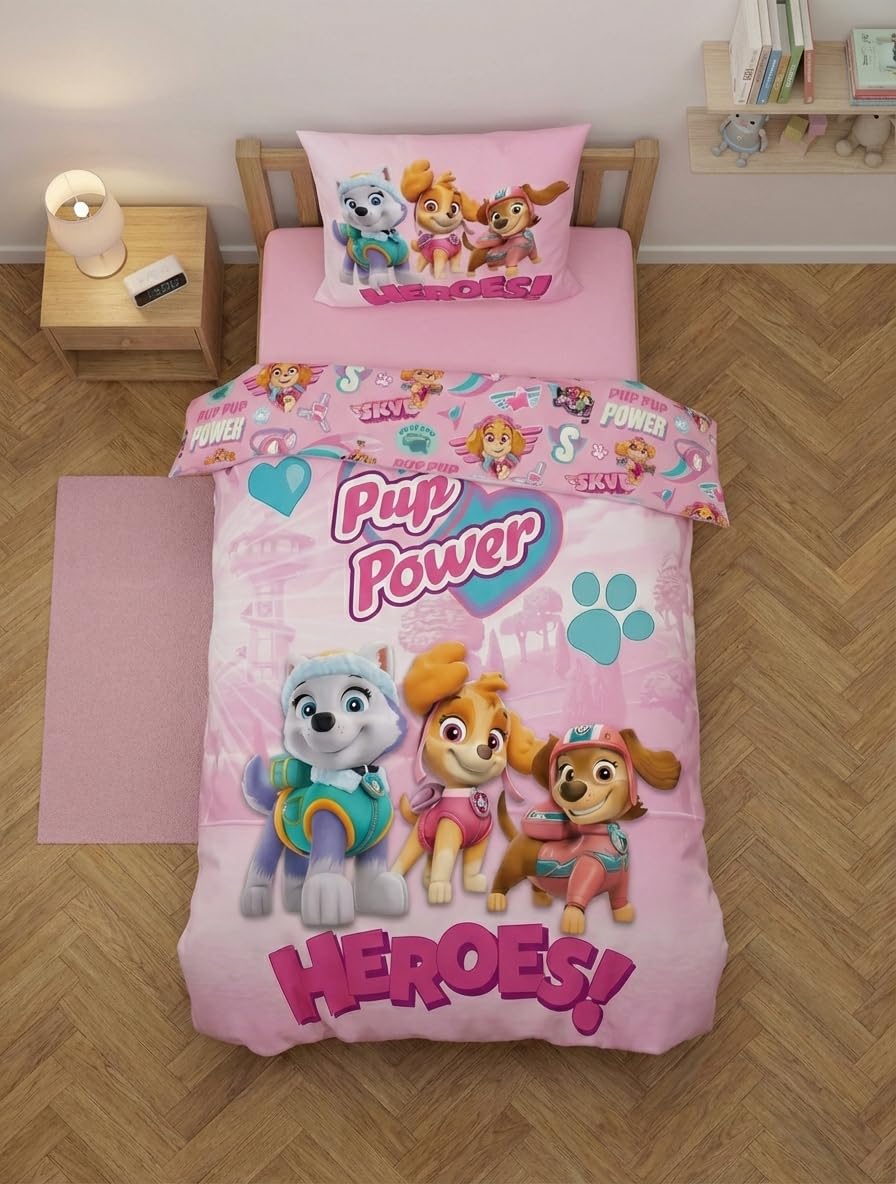 Parure de lit Pat' Patrouille rose 140x200 cm avec housse et taie 100% coton