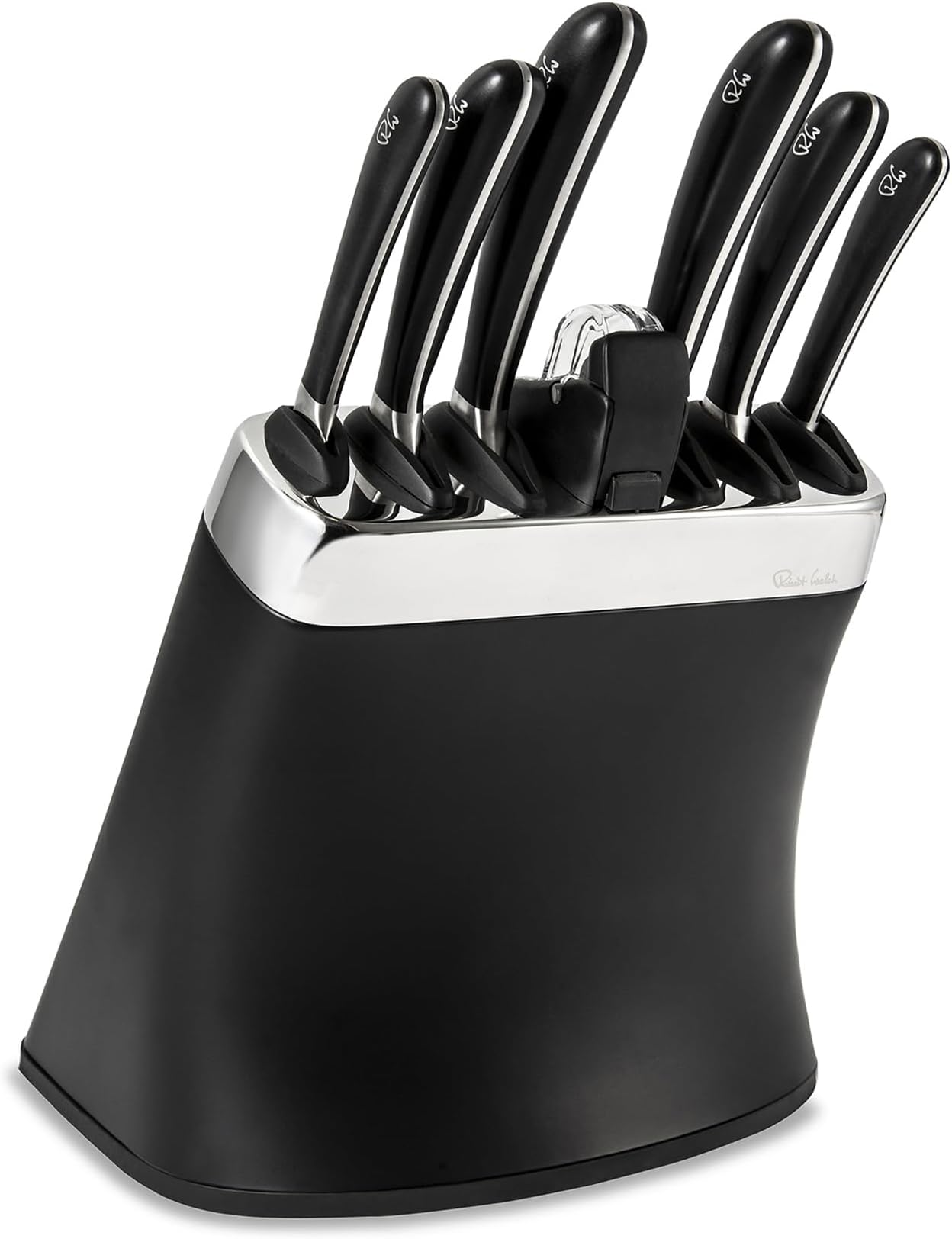 Signature Knife Block Set. Includes 6 Signature Kitchen Knives - Bread 22cm, Carving 23cm, Cook's 18cm, Kitchen 14cm, Santoku 11cm, Paring 10cm, and Built-in Knife Sharpener