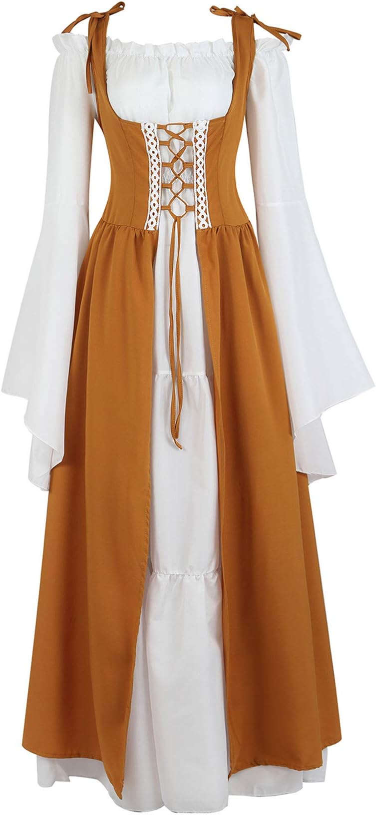 Lehauya Womens Renaissance Costume Medieval Irish Over Dress and Trumpet Sleeves Chemise Boho Set