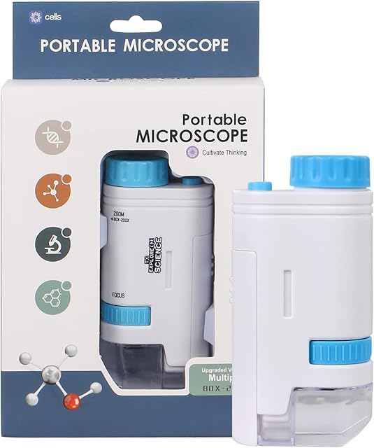 200x Zoom Kids Portable Microscope Pocket Handheld Mini Microscope with LED Light High Definition for Students Microbiological Observation Preschool Home Study Educational Toys