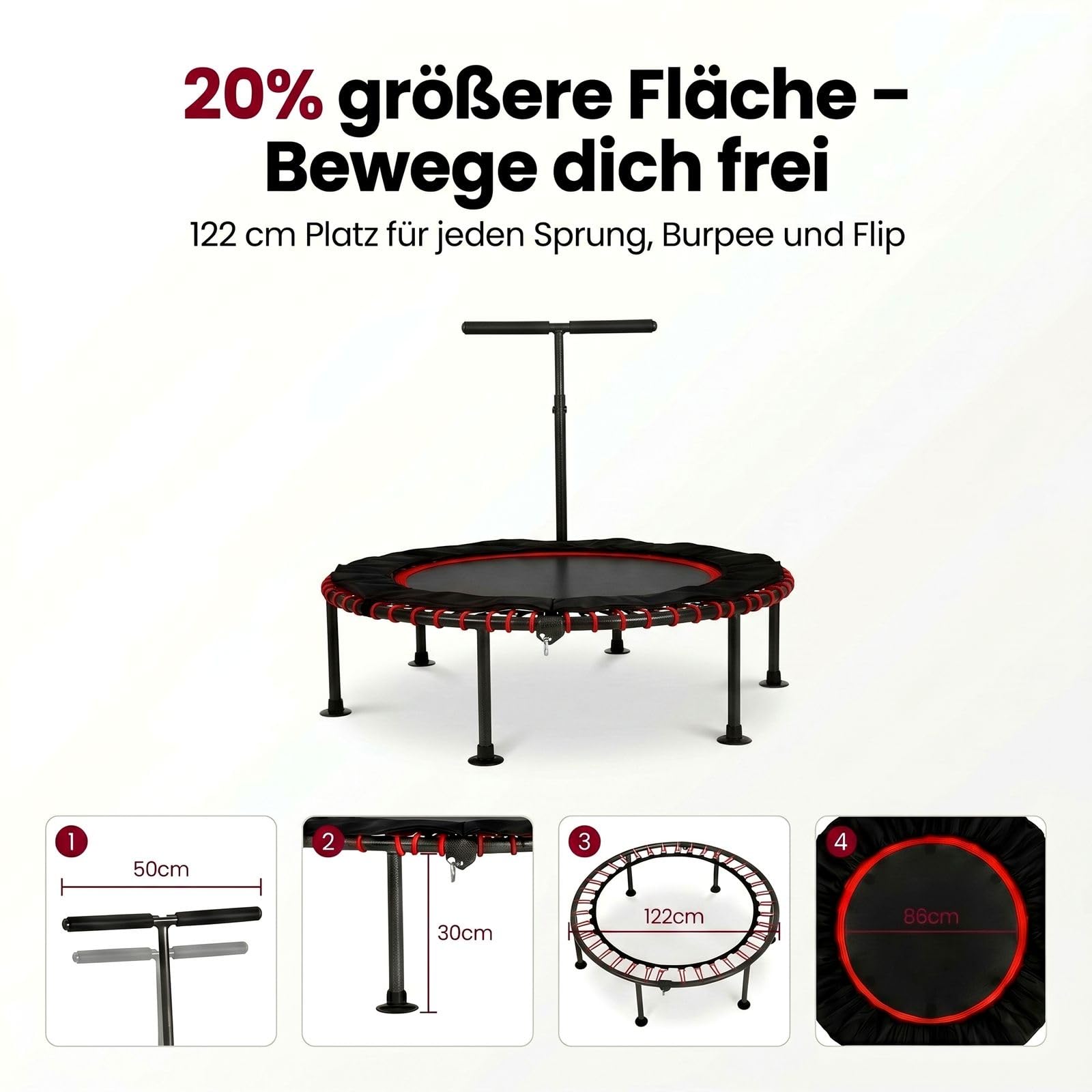 LIFERUN Ø102/122cm Fitness Trampolin Indoor mit Randabdeckung, bis 150kg, 3-stufiger Haltegriff, ohne Montage, geräuscharme Gummiseilfederung, für Erwachsene und Kinder, für drinnen und draußen