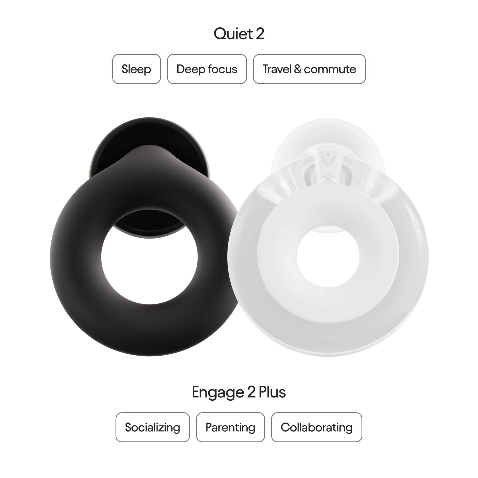 Loop Earplugs, coffret Au Quotidien Plus (lot de deux) – Quiet 2 + Engage 2 Plus | Bouchons d’oreille réutilisables pour le sommeil, la concentration, la sensibilité au bruit