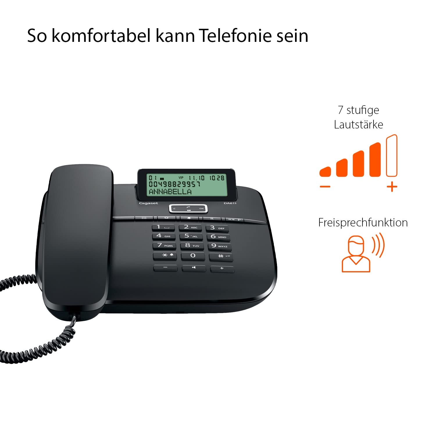 Gigaset DA610 - Schnurgebundenes Telefon - klassisches Schnurtelefon mit Direktruf und Freisprech Funktion - Hörgeräte kompatibel, schwarz
