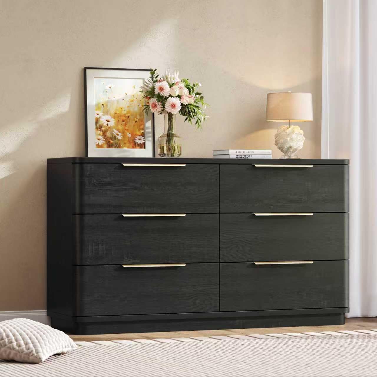 6 Drawer Dresser for Bedroom, 54" Wide Modern Chest of Drawers with Metal Handle, Curved Profile Design, Wooden Black Dresser Closet Clothes Storage TV Stand for Living Room, Hallway
