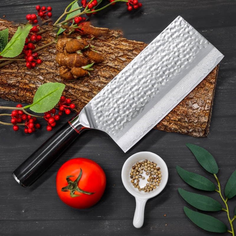 Meat Cleaver,Cleaver Knife, 7.3 inch Kitchen Knife With Patterns 9Cr18MoV Damascus Steel Kitchen Knives Ultra Sharp Cleaver Slicing Chinese Chef Knife