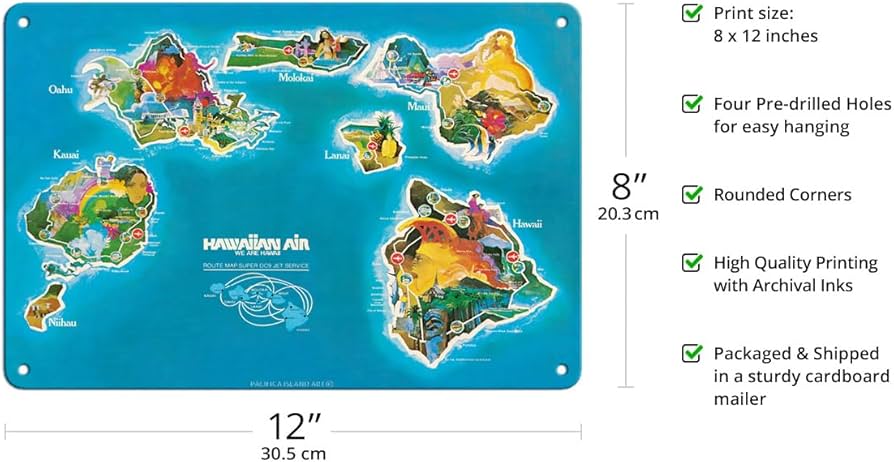 Hawaiian Air アートマップ ビンテージポスター Amazon.com: Hawaii Islands Route Map - Hawaiian Air Lines