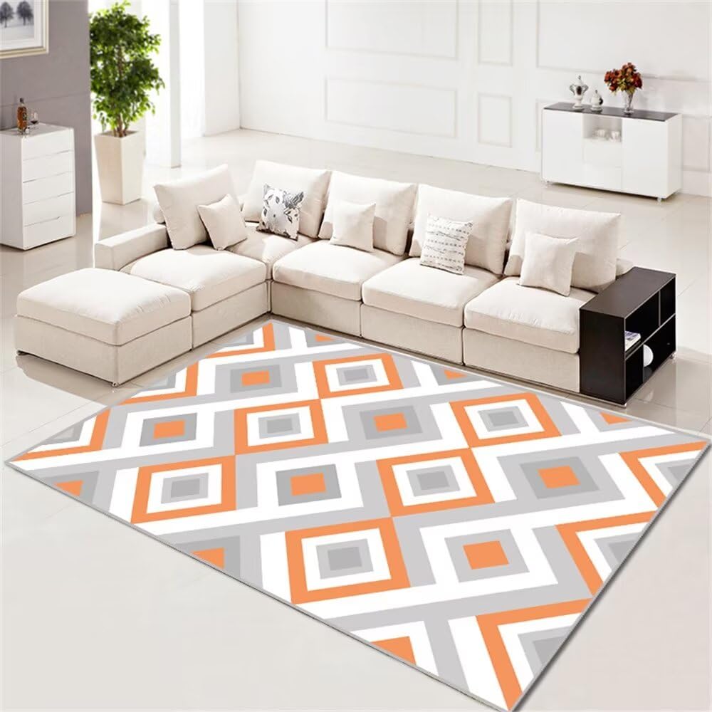 Tapis de salon grande taille 100x200 gris et orange géométrique moderne