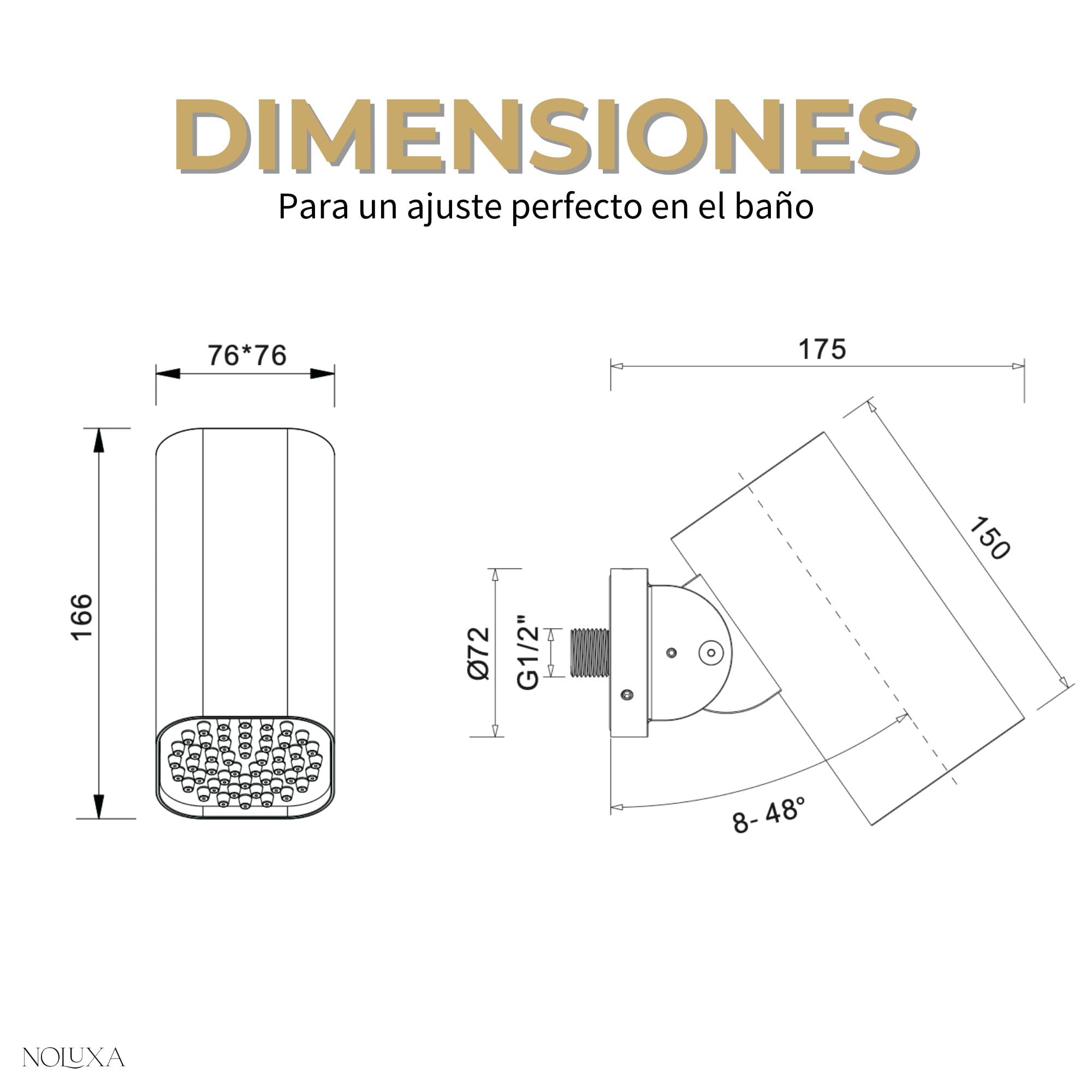 Imex - Soffione doccia effetto pioggia basculante da 8° a 48° nero | Soffione quadrato tipo faretto anticalcare con attacco 1/2" | Realizzato in acciaio inossidabile S.304 | Ricambio originale IMEX