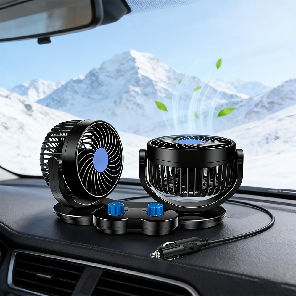 Ventilatore per auto, 12 V, doppia testa, portatile, rotazione a 360 gradi, silenzioso, a 2 velocità, per SUV, camper, barca, camper, ATV