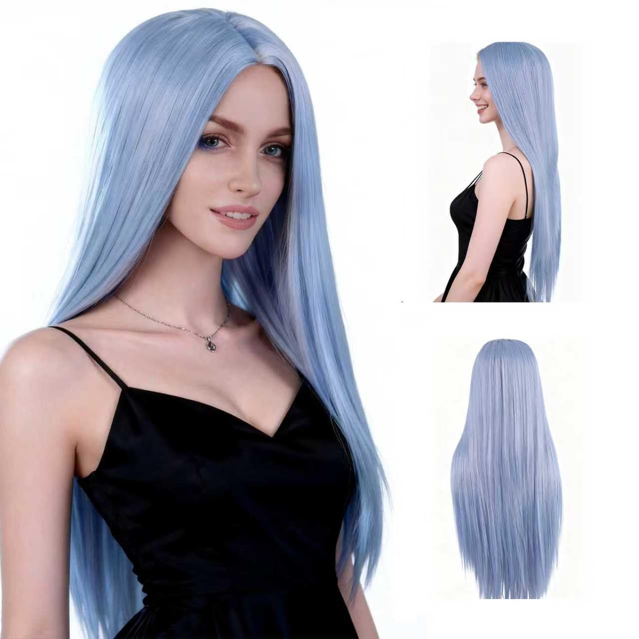 Onedor 31 Inches Silver Blue Straight Long Synthetic Hair Women Full Head Cosplay Wig with Wig Cap
