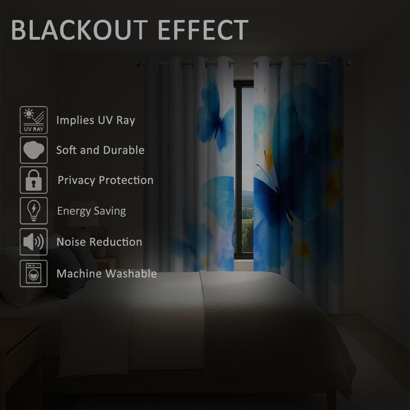 Zasłony zaciemniające do pokoju dziecięcego, 214 x 91,5 cm, akwarelowe, motyle, nadruk 3D, z oczkami, izolacja cieplna, nieprzejrzysta zasłona dla chłopców i dziewczynek, dzieci, zestaw 2 sztuk