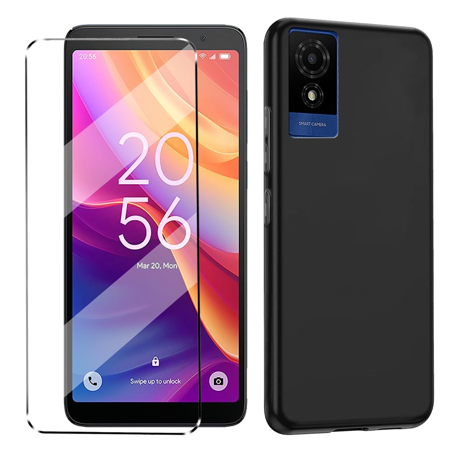 HuiYouMY 2-in-1 Case Compatible with TCL 501 Cover with 1 Pack Tempered Glass Screen Protector for TCL 501, Slim Fit Soft TPU Shockproof Anti-Scratch Phone Case Cover - Black