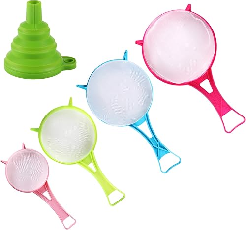 BENBO Juego de 4 coladores de malla de plástico, colador de plástico con mango largo, tamiz de harina de leche de soja, colador de plástico con