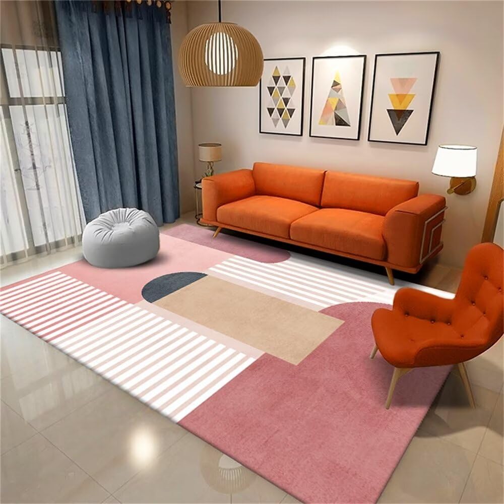 Tapis enfant fille rose 200x260cm avec design géométrique moderne pour salon