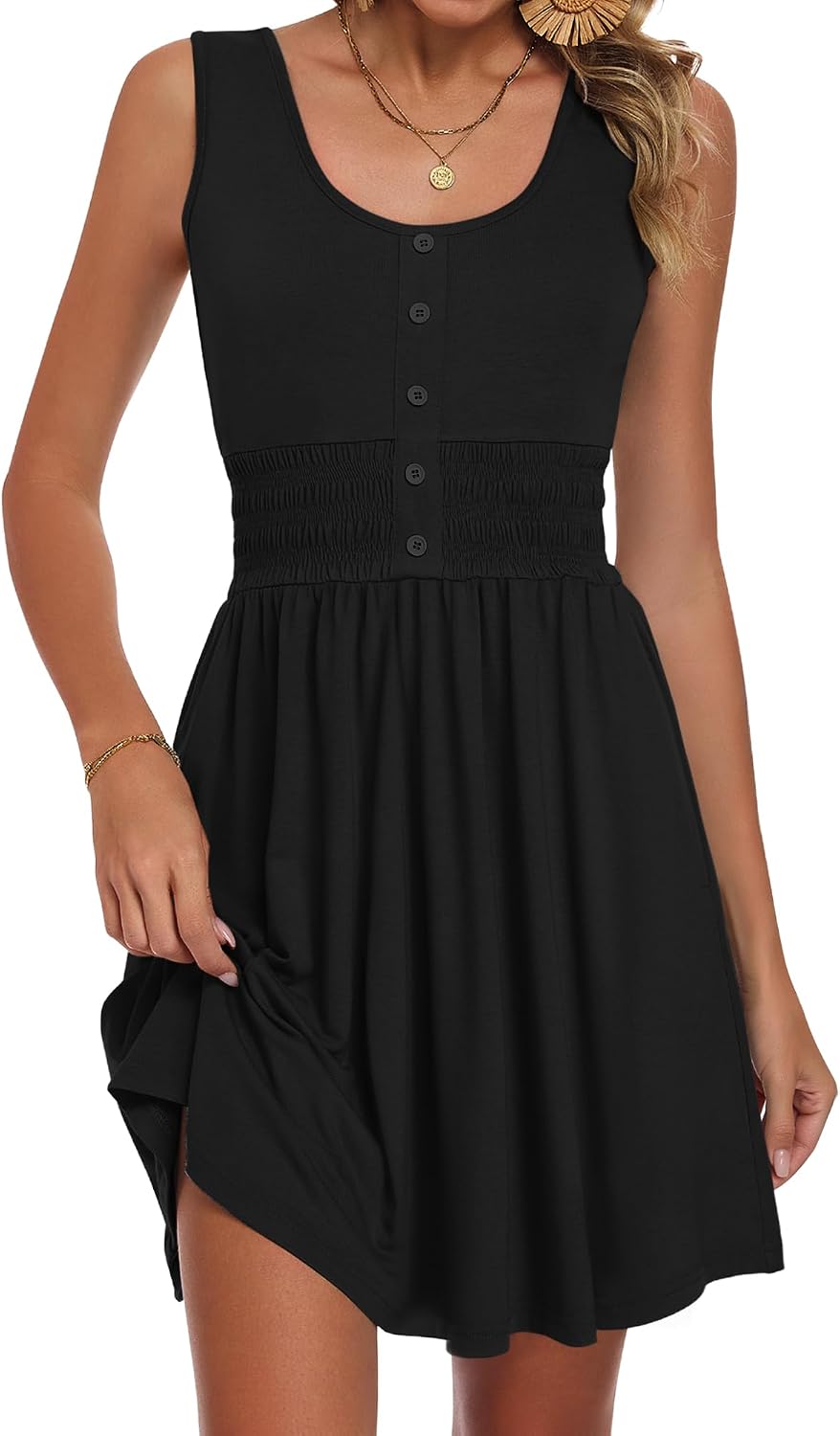 WNEEDU Womens Summer Dress 2026 Crew Neck Mini Casual Sundress with Pockets