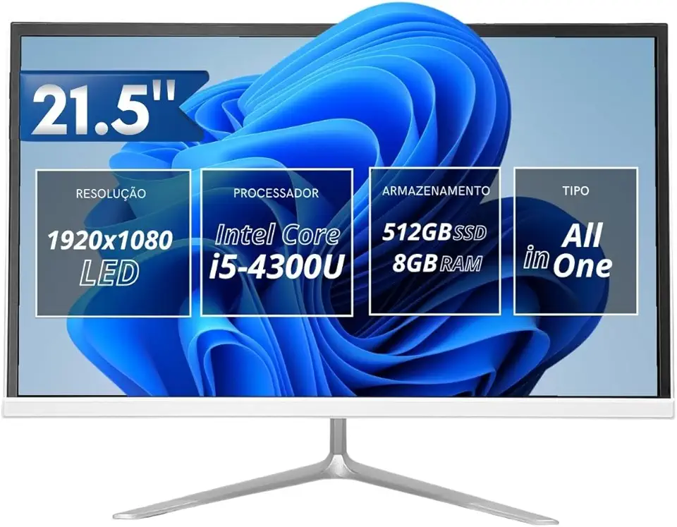 Computador All-In-One 21,5” Intel Core i5 Full HD 1920x1080, 8GB RAM, SSD 512GB, HDMI/VGA, Audio P2, Wi-Fi 5.0/ RJ45 LAN Ethernet, Bluetooth 4.2, USB 2.0 Branco para Jogos e Escritório