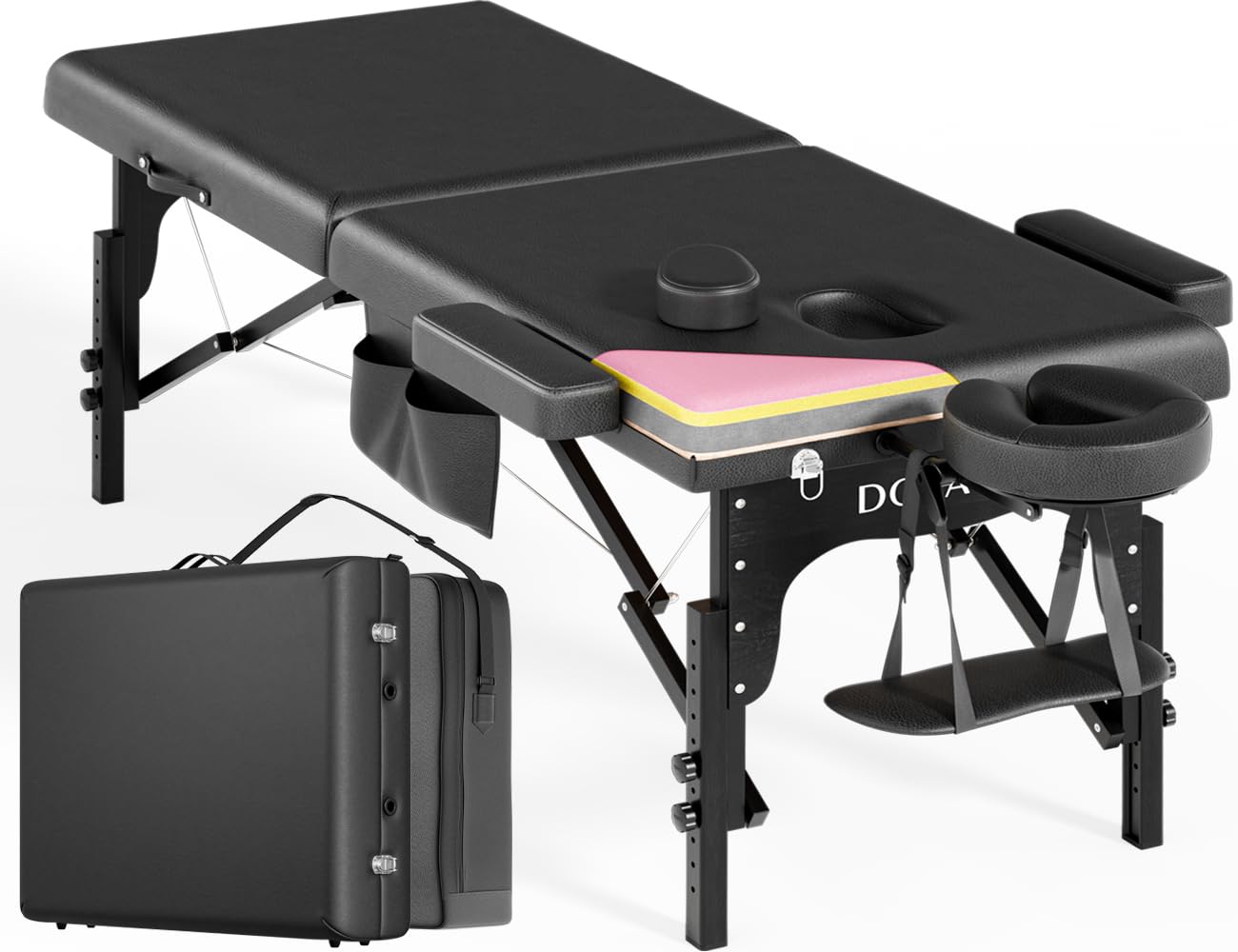 Mesa de masaje profesional portátil de 2 pliegues de espuma elástica de alta calidad con patas de madera de hasta 800 libras, 10 alturas ajustables con bolsa de transporte, color negro