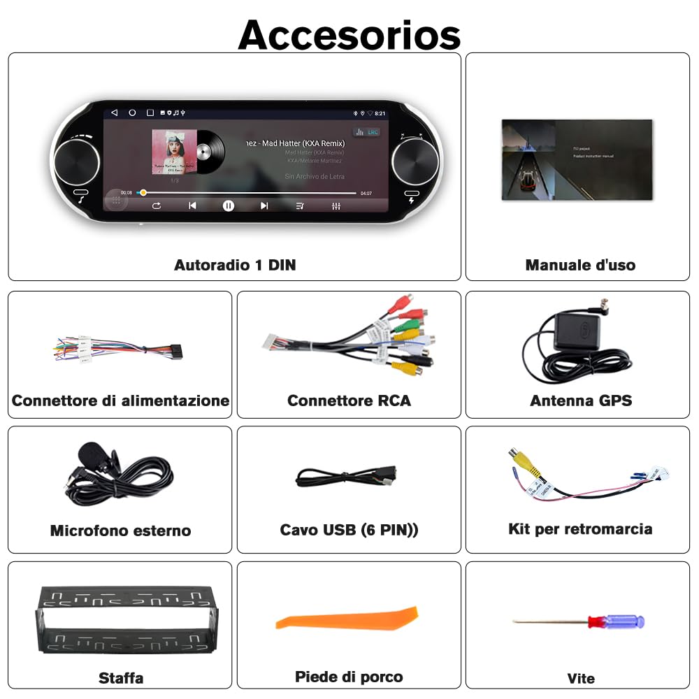 Android 14 Autoradio 1 DIN con schermo Bluetooth FM RDS GPS Online Navigazione Comandi al volante (2+64GB)