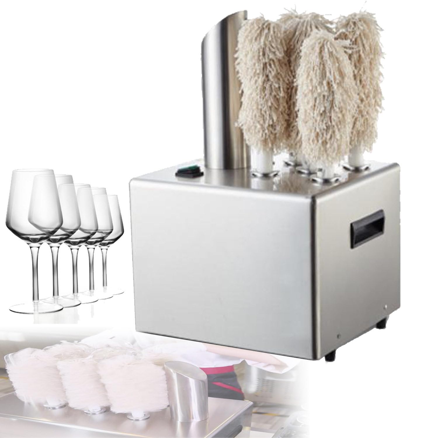 SICWEDIM Electric Glass Polisher,Commercial Wine Glass Polishing Machine,Stainless Steel Glassware Cleaner for Bars Restaurants Hotels Kitchen Winery (5heads)